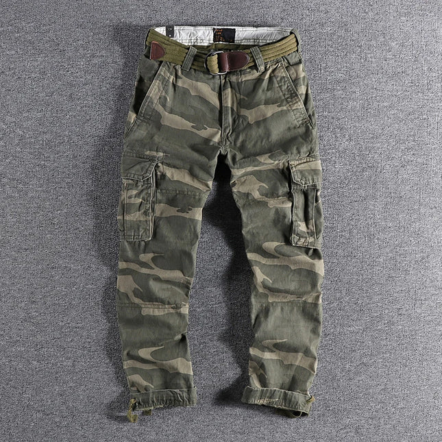 Heavyweight Camouflage Pants Men Clothing Multi-pockets Solid Color Patchworked Outdoor Trousers Retro Cargo Casual Wear Jogger