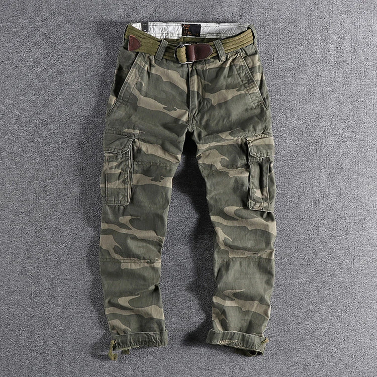 Heavyweight Camouflage Pants Men Clothing Multi-pockets Solid Color Patchworked Outdoor Trousers Retro Cargo Casual Wear Jogger