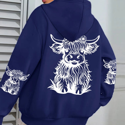 Cute Hair Cow Cartoon Printing Hoodies Womens Fleece Autumn Streetwear Comfortable Casual Hoodie Y2K Pocket All-Match Hoody