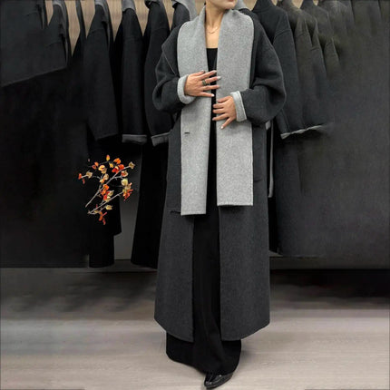 DFDG Woman's Cowl-neck Pure Color Versatile Patchwork Two-color Design 2025 Spring New Style Loose High-quality Long Coat