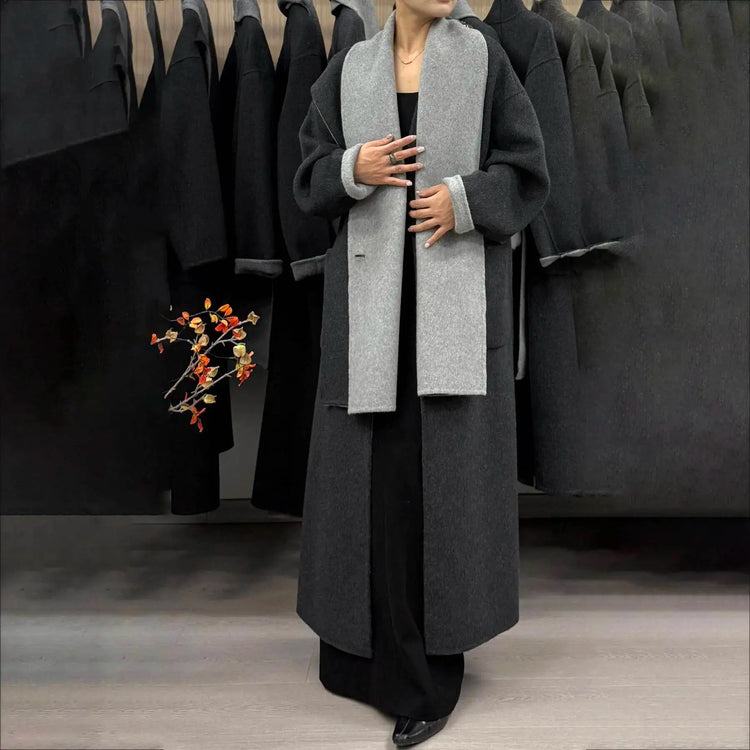 DFDG Woman's Cowl-neck Pure Color Versatile Patchwork Two-color Design 2025 Spring New Style Loose High-quality Long Coat
