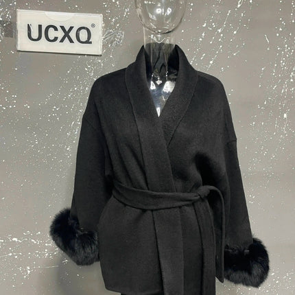 UCXQ Elegant OL Office Lady Overcoats Fur Patchwork Long Sleeve Woolen Coat Beautiful Women's Clothing Jacket Autumn 2025 Winter