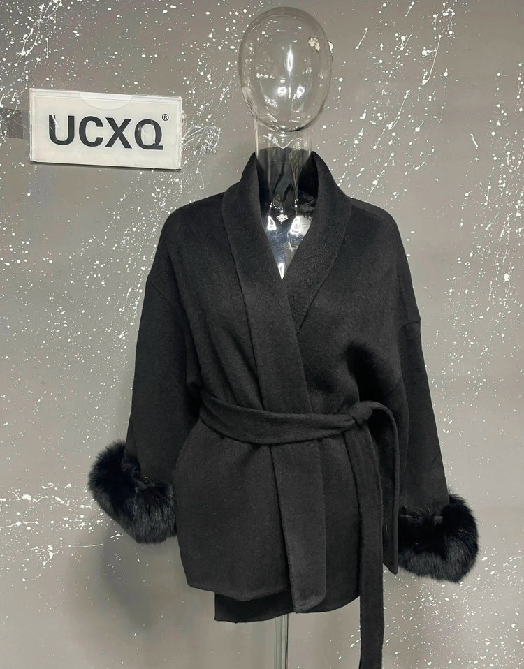 UCXQ Elegant OL Office Lady Overcoats Fur Patchwork Long Sleeve Woolen Coat Beautiful Women's Clothing Jacket Autumn 2025 Winter