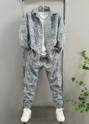 New Spring and Autumn Men's Casual Suit Lapel Jacquard Shirt Trousers Two-piece Set Comfortable Loose PlatiNum