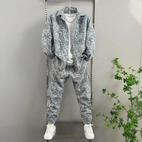 New Spring and Autumn Men's Casual Suit Lapel Jacquard Shirt Trousers Two-piece Set Comfortable Loose PlatiNum