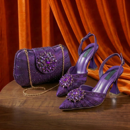 Zapatos y Bolso Nuevos de Diseño Italiano Azules con Diamantes de Imitación, Tacón Alto, Estilo de Moda, Zapatos de Tacón para Máxima Comodidad, Zapatos de Mujer