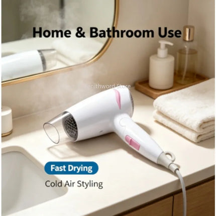 Compact Foldable Travel Blow Dryer 1600W Power 100‑240V Universal Voltage Cold Air Function Hanging Loop Design For Travel Household Hair Care