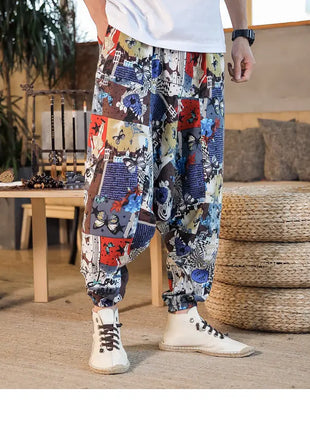 Pantaloni Harem da Uomo 2026 Stile Retrò con Stampa, Pantaloni Jogger Larghi e Comodi con Cavallo Ribassato, Stile Nepal Oversize, Pantaloni Casual da Uomo con Cavallo Ribassato