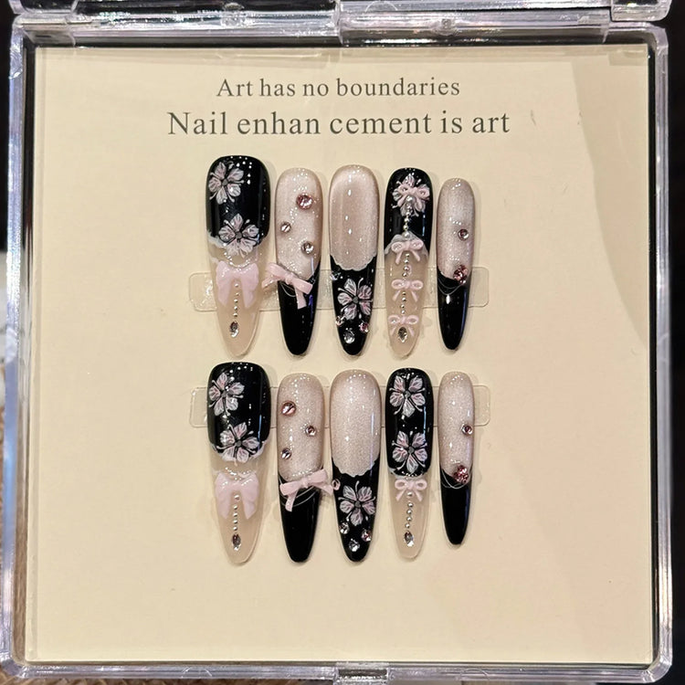 10pcs Handmade Press on Nails French Cat Eye Pink Bow Decor Korean False Nails Wearable Full Cover Ins Almond False Nail Tips 2028