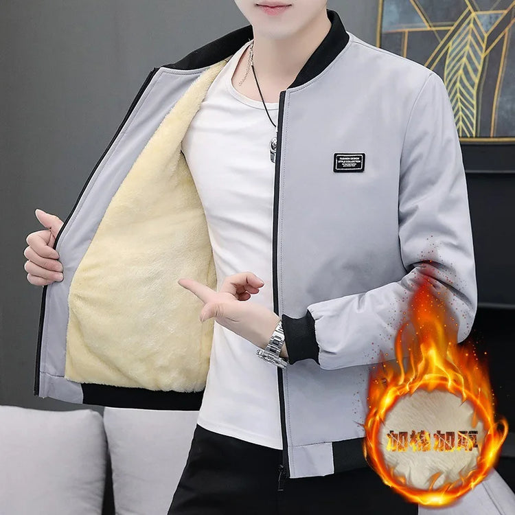 Thickened Fleece Lined Men's Casual Jacket Coat Autumn Winter Outerwear Fashionable Youth Style Zipper Closure Short Length