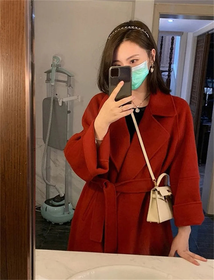 Double-sided Cashmere Big Collar Women's Coat 100% Pure Wool Reversible Woolen Coat High-End Fashion Loose Women's Wear 2026
