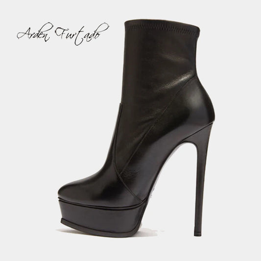 Arden Furtado 2024 Autumn Elastic PU Platform Thin heels Short boots Round toe Patchwork Slip-on Super high heel Modern boots