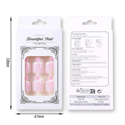 24pcs French Flower Fake Toenails Short Square White Border Press On Nail Tips With 1Jelly Stickers Full Coverage False Nail Tip