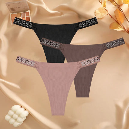 3Pcs/Set Seamless Low Waist Sexy Panties Women Thongs Rhinestones Letter Diamonds G-string Sports Thong Shorts Briefs T-back