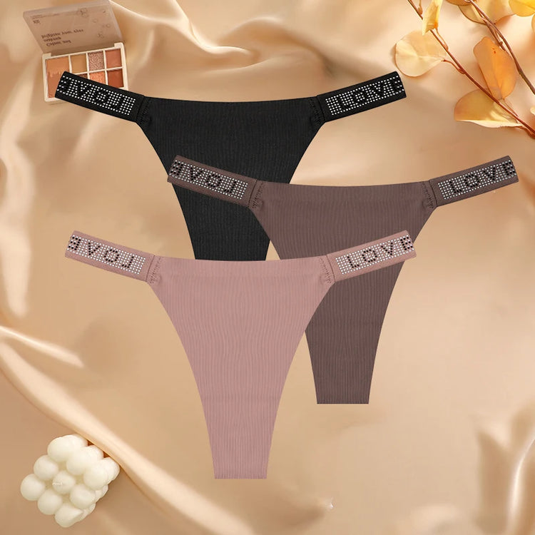 3Pcs/Set Seamless Low Waist Sexy Panties Women Thongs Rhinestones Letter Diamonds G-string Sports Thong Shorts Briefs T-back
