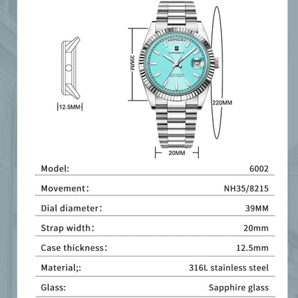 Custom Logo Diy 36/39MM Dial Automatic Mechanical Watches For Man Week Date Type Sapphire Luxury Waterproof Diving Man Watches