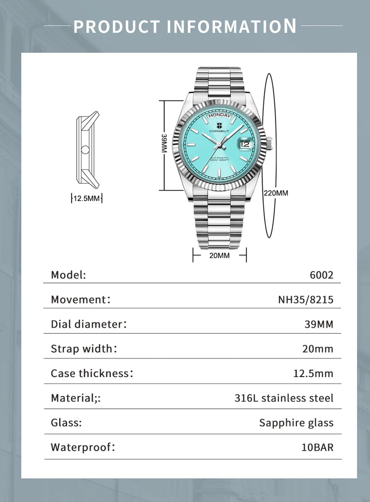 Custom Logo Diy 36/39MM Dial Automatic Mechanical Watches For Man Week Date Type Sapphire Luxury Waterproof Diving Man Watches