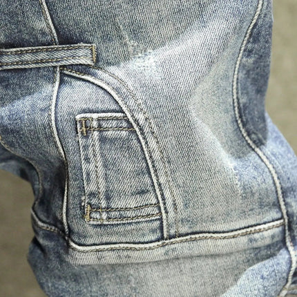 2025 Spring Autumn Korean Luxury Clothing New Cargo Brand Tooling Jeans Men's Slim High Street Men's Splicing Patch Trousers PlatiNum