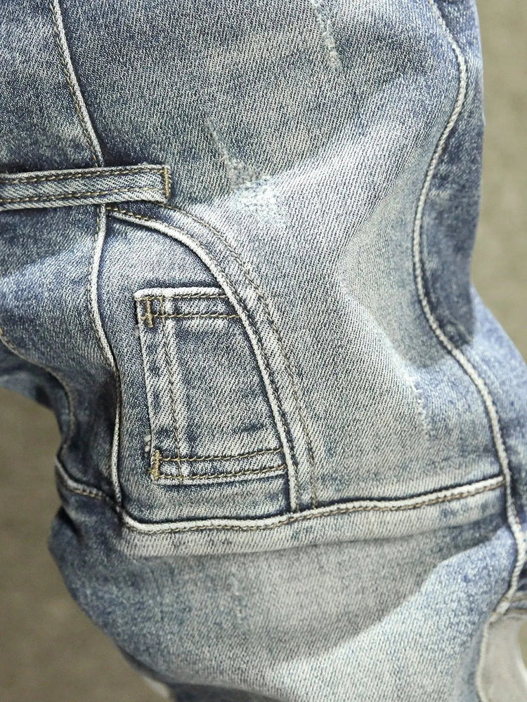 2025 Spring Autumn Korean Luxury Clothing New Cargo Brand Tooling Jeans Men's Slim High Street Men's Splicing Patch Trousers PlatiNum