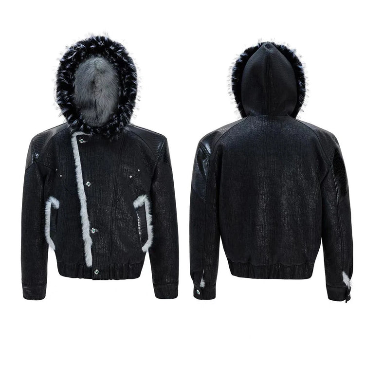 Mens Spring Jacket Pu Leather Patchwork Thickened Faux Fur Hooded Jacket Streetwear Fashion Fluffy Niche Top Men'S Clothing 2026