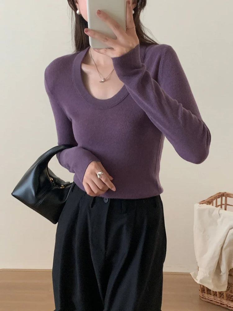 100% 48 count wool U-neck Ultra-fine Merino Wool Shirt for Women's Slim and Thin Bottoming Shirt for Women's Autumn and Winter PlatiNum