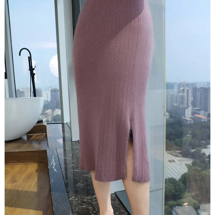 100% Pure Mink Cashmere One-Step Skirts Women's Elastic Waist Split Knitted Long Skirt Bag Hip Joker Straight Skirt Warm A Skirt PlatiNum