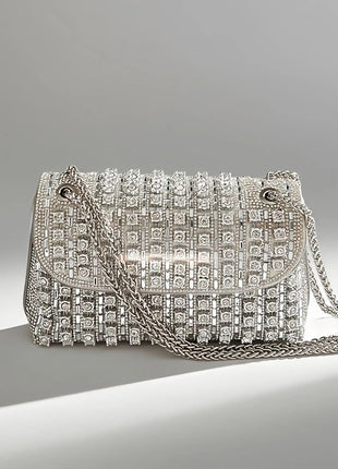 Fashionable Retro Diamond Studded Gold Chain Women's Crossbody Bag Handbag Dinner Bag Underarm Bag Single Shoulder Bag PlatiNum
