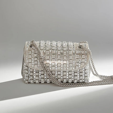 Fashionable Retro Diamond Studded Gold Chain Women's Crossbody Bag Handbag Dinner Bag Underarm Bag Single Shoulder Bag PlatiNum