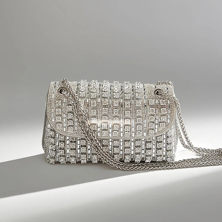 Fashionable Retro Diamond Studded Gold Chain Women's Crossbody Bag Handbag Dinner Bag Underarm Bag Single Shoulder Bag PlatiNum