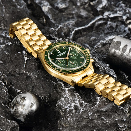 Nuovo orologio classico da uomo PAGANI DESIGN Orologio al quarzo di lusso verde dorato per uomo Cronografo sportivo con data automatica e cristallo AR in zaffiro Orologio da polso da uomo Spedizione locale