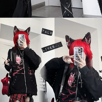 Original Print Subculture Dark Loose Cat Ear Distressed Hooded Sweatshirt Jacket Zip Up Hoodie Oversized Hoodie