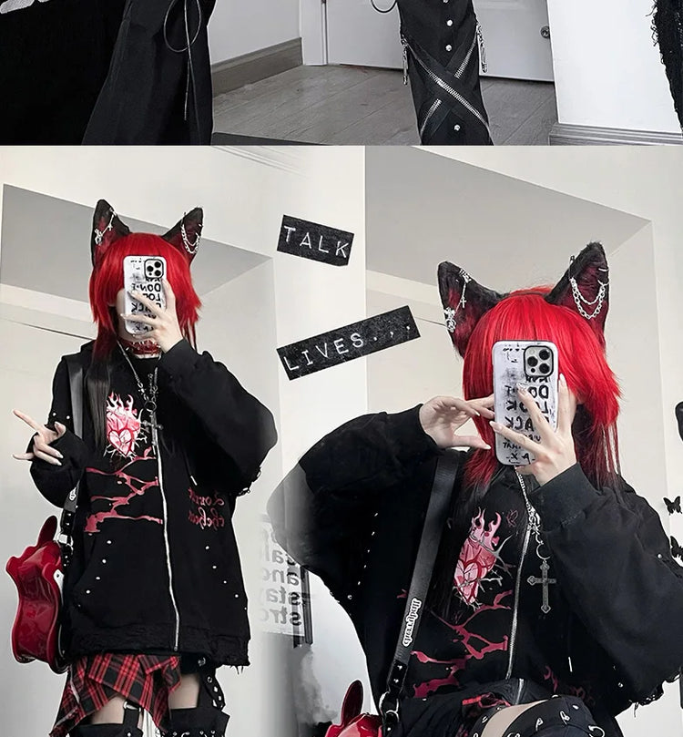 Original Print Subculture Dark Loose Cat Ear Distressed Hooded Sweatshirt Jacket Zip Up Hoodie Oversized Hoodie