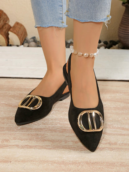 French Pointed-toe Metal Flat Shoes Baotou Sandals Shallow-mouth Single Shoes Foreign-style Explosive Internet Celebrity