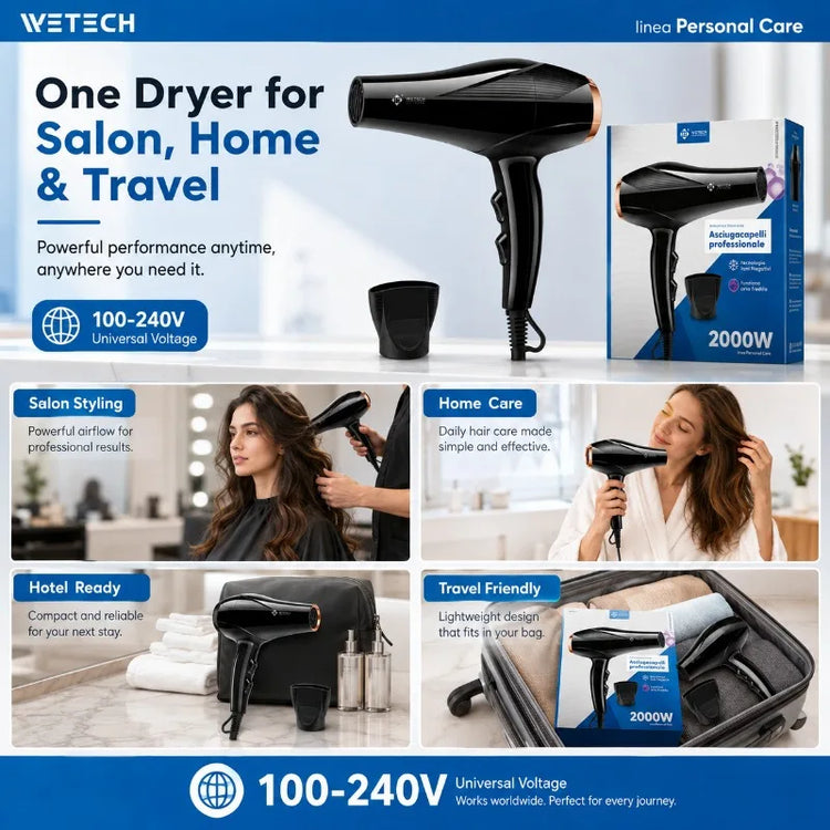 Professional 2000W Ionic Hair Dryer 100‑240V Universal Voltage Blow Dryer Fast Drying With Nozzle Hot Cold Air For Home Salon Hair Styling