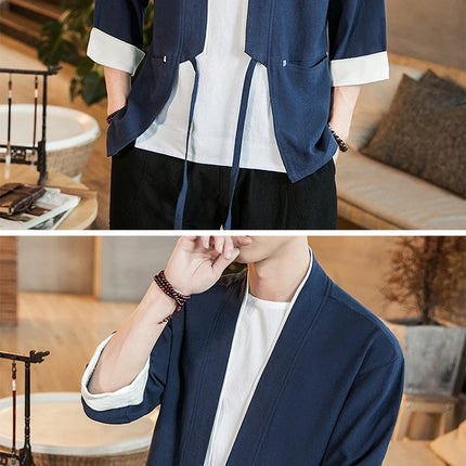 Nuova Camicia Uomo Kimono Giapponese in Cotone e Lino, T-shirt Comoda e Traspirante, Costume da Samurai Tradizionale, Camicia Casual Haori per Uomo