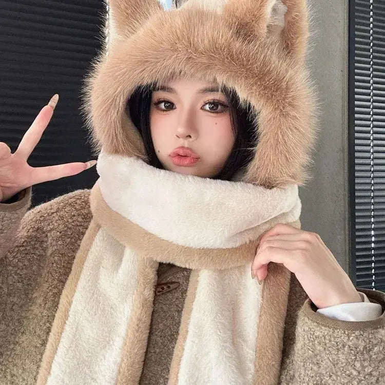 Women's Hat Beanie Balaclava Winter Cap Winter Women's Cute Thickened Fox Plush Hat Scarf Glove Three-in-one Cycling Warmth