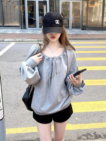 Bandage Pleated Solid Lazy Style Hoodies Sweatshirts Spring Autumn Long Sleeve Loose Fashion Tops Korean Casual Women Clothing