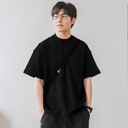 Small Neck T-shirts Men 350gsm Cotton Solid Color Male Short-sleeved T-shirt Spring Summer Loose Bottoming Shirt Casual T Shirts PlatiNum