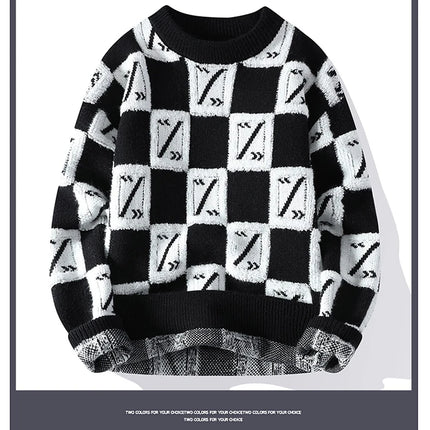 New Men's Fashion Round Neck Print Sweater Autumn Winter Contrast Color Printed Letter Long Sleeve Loose Casual Knitted Tops