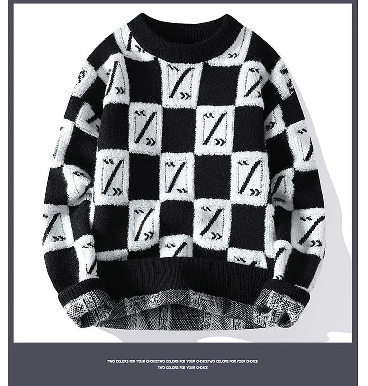 New Men's Fashion Round Neck Print Sweater Autumn Winter Contrast Color Printed Letter Long Sleeve Loose Casual Knitted Tops