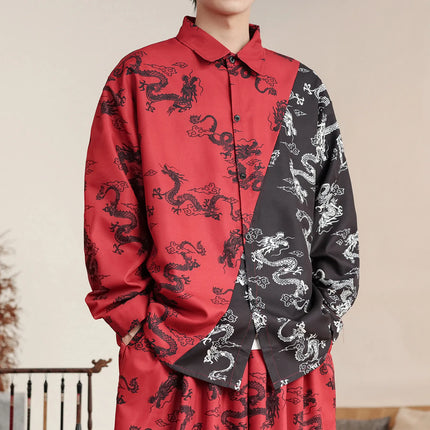 Camicie in Stile Cinese per Uomo, Nuove Camicie Retrò con Drago Rosso, Comode e Casual, Abbigliamento Tradizionale per Kung Fu e Tai Chi