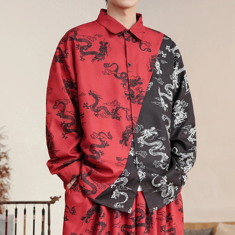 Camicie in Stile Cinese per Uomo, Nuove Camicie Retrò con Drago Rosso, Comode e Casual, Abbigliamento Tradizionale per Kung Fu e Tai Chi