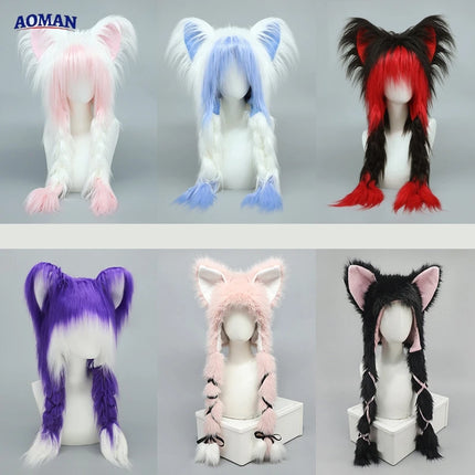 Long Plush Cat Ear Hat Fox Ear Double Braid Caps Cute Lolita Anime Fall Winter Cap Y2K Anime Cosplay Accessories