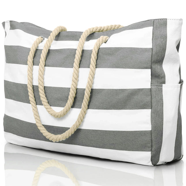 Striped external zippered bag for outdoor travel and holidays, in waterproof and sand-resistant canvas, comfortable foldable beach bag