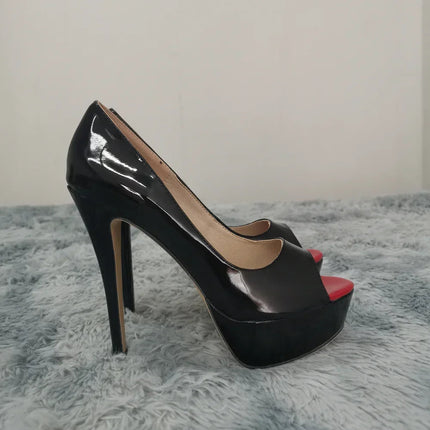 LOSLANDIFEN Women Pumps Sexy Peep Toe Platform 14cm Super High Heels Patent Leather Shoes Red Wedding Stilettos Large Size 44 PlatiNum