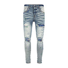 Street Fashion Men Jeans Retro Light Blue Stretch Skinny Fit Patched Ripped Jeans Men Painted Designer Brand Hip Hop Denim Pants PlatiNum