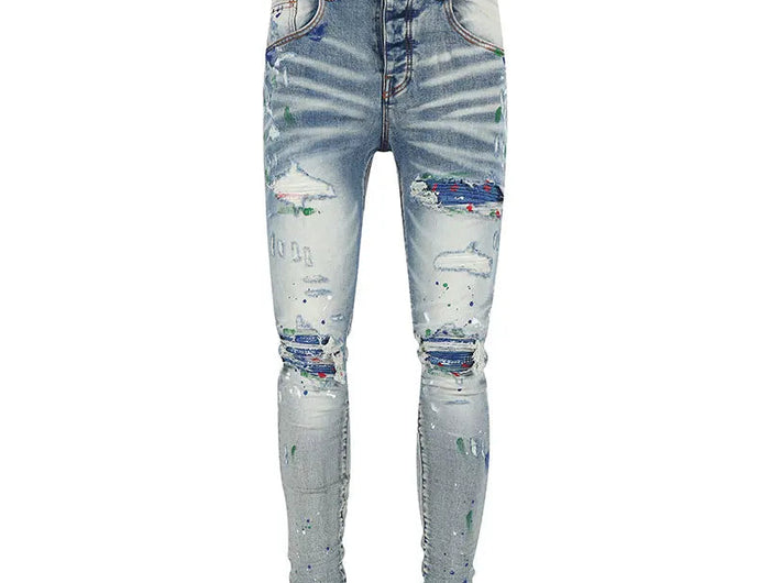 Street Fashion Men Jeans Retro Light Blue Stretch Skinny Fit Patched Ripped Jeans Men Painted Designer Brand Hip Hop Denim Pants PlatiNum