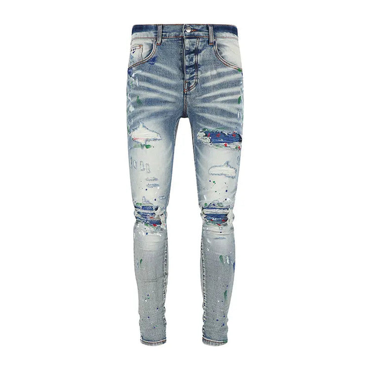 Street Fashion Men Jeans Retro Light Blue Stretch Skinny Fit Patched Ripped Jeans Men Painted Designer Brand Hip Hop Denim Pants PlatiNum
