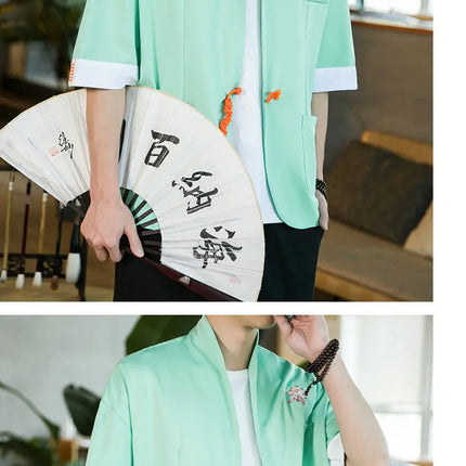 Nuova Camicia Giapponese da Samurai Ricamata in Cotone e Lino da Uomo, Vestibilità Ampia, Stile Retrò Tradizionale, Casual, Traspirante, Confortevole ed Elegante