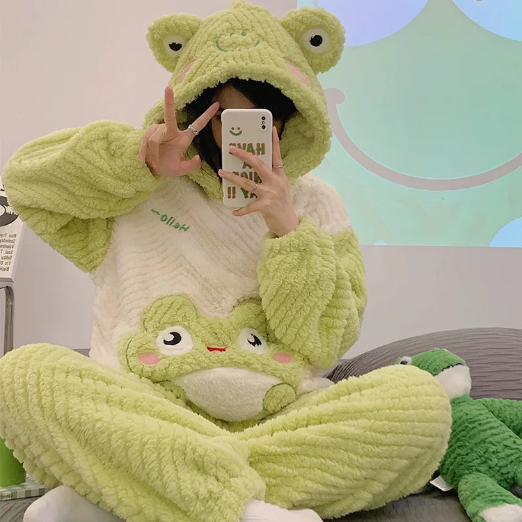 2024 New Plush Pajamas Set for Women Thick Hooded Women 2 Piece Clothes Set Cute Rabbit Women Pyjamas Coral Fleece Warm Homewear